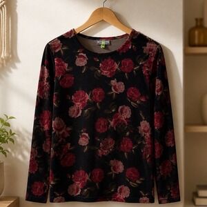 Velvet Floral Rose Print Long Sleeve Top Black Red Women L Whimsigoth Dark Fairy